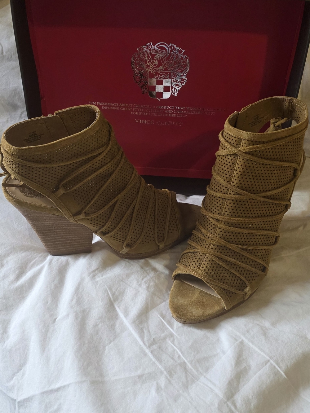 Vince Camuto Tan Perforated Peep-Toe Block Heel Booties